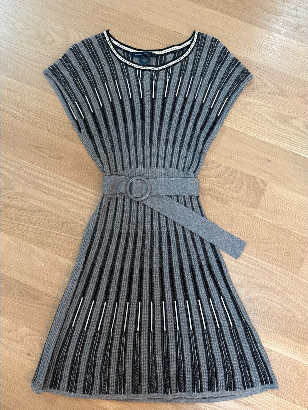 French Connection Gray Ribbed Belted Midi Dress
